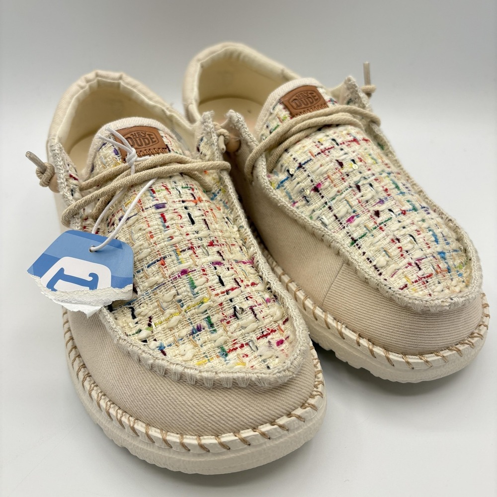 Hey Dude Shoes Womens Size 10 Beige Slip-On Wendy Funk Tweed Canvas Comfort NEW - Picture 1 of 10